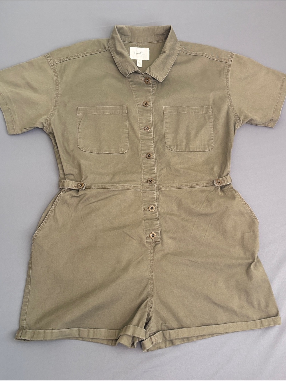 Jessica Simpson Olive Utility Romper XL Button Front Short Sleeve Stretch - Picture 2 of 8